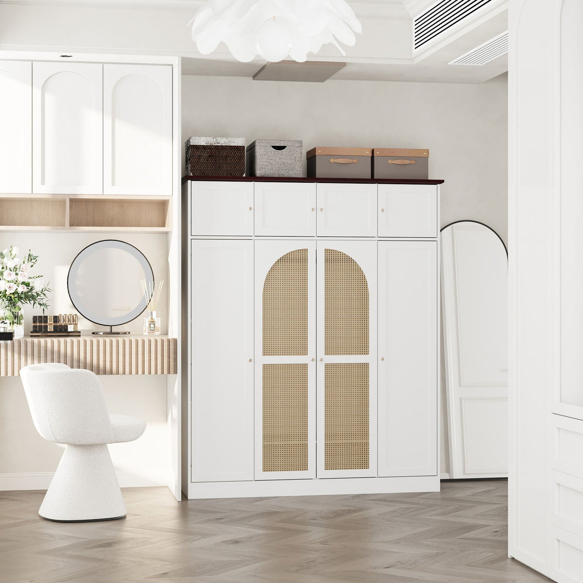 8 Door Armoire Wardrobe with Adjustable Shelves and Hanging Rod - Light Brown or White