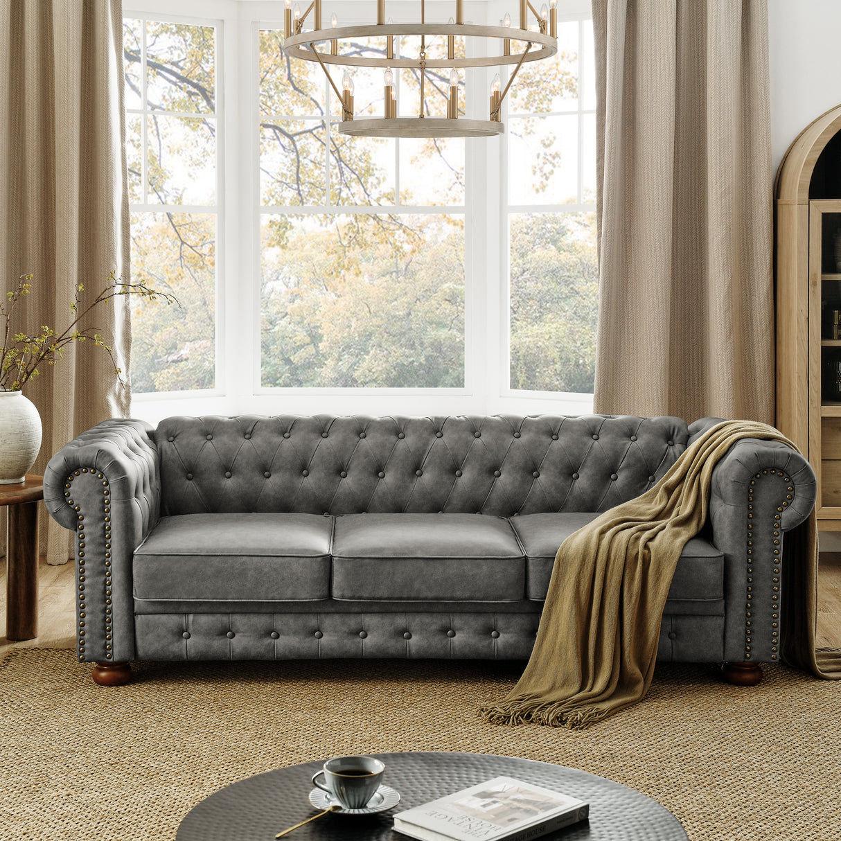 Chesterfield-Sofa-Tufted--Upholstered,-(88.5''x37''x28'')-Sofas-&-Sectionals