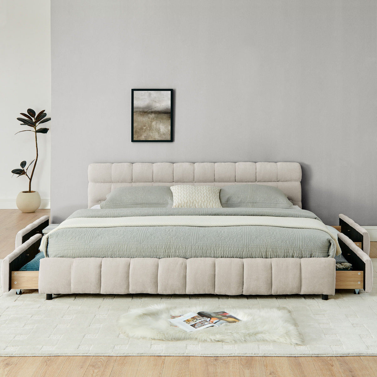 Modern Platform Bed Frame With Thick Fabric