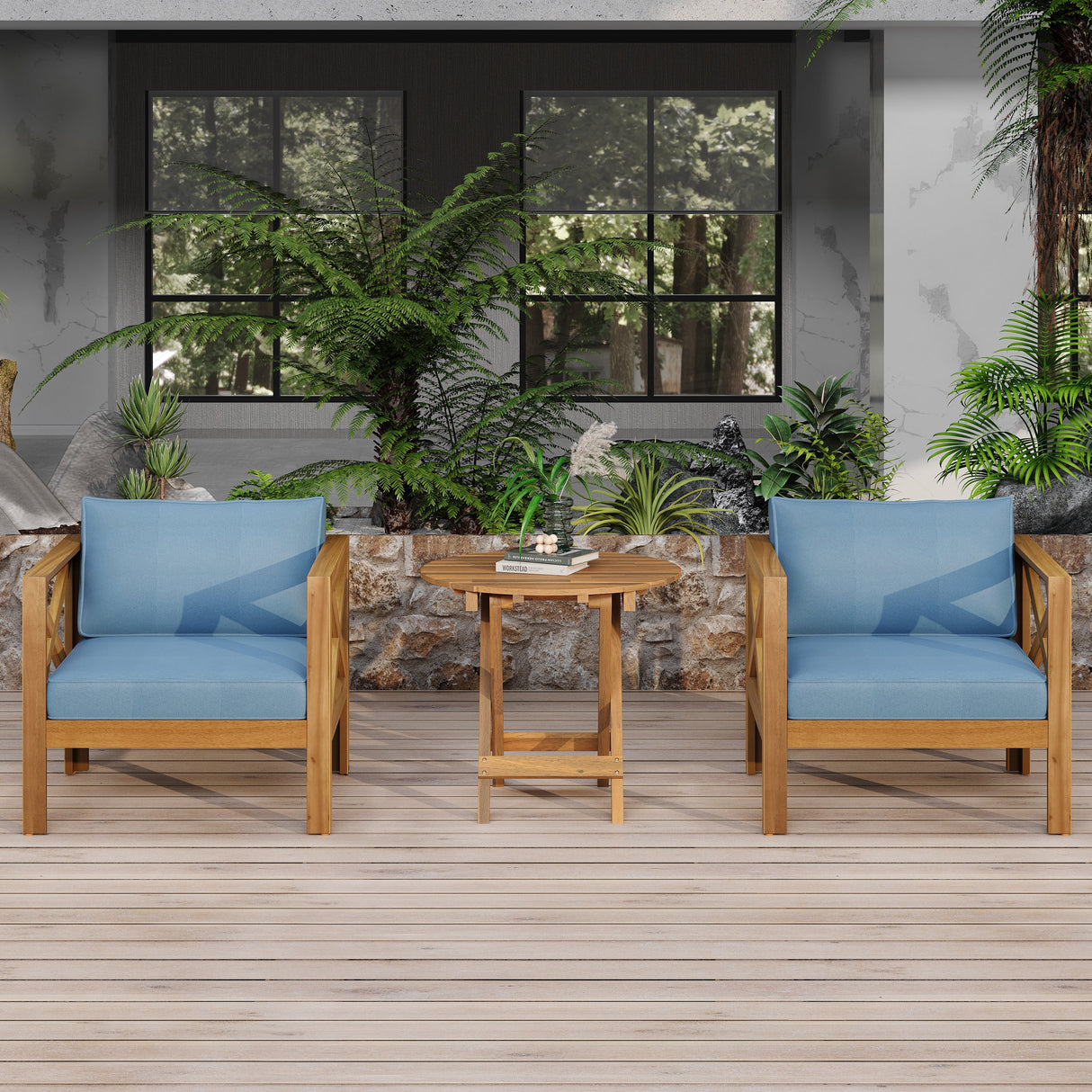 Patio Conversation Set, Outdoor Wood Conversation Seat (Set of 2)