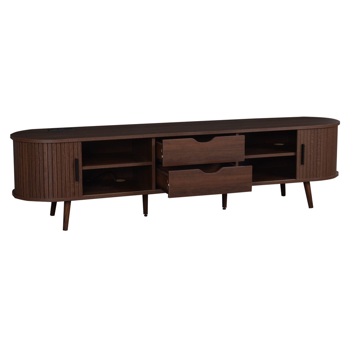 Mid-Century Modern TV Stand with Tambour Doors & Power Outlet - Natural Wood