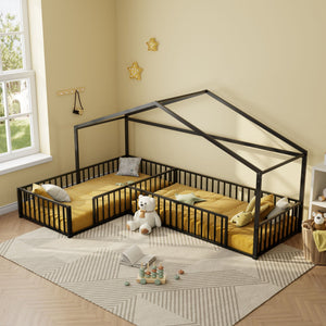 L-Shaped Montessori Bed For 2 Kids With Partitioned Fence
