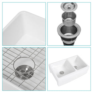 Sink 33" Double Bowl 60 / 40 Kitchen Sink With Deep Basin And Grids - White