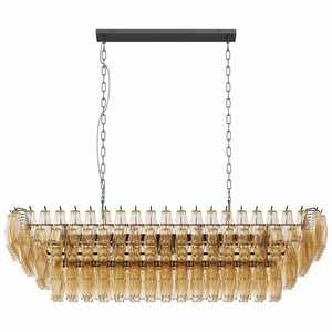 54' Black Rectangular Chandeliers for Dining Room, 12-Light 4 Tiered Large Smoke Glass Chandelier, Modern Kitchen Island Farmhouse Hanging Light Fixture for Living Room Foyer(Bulb not included)