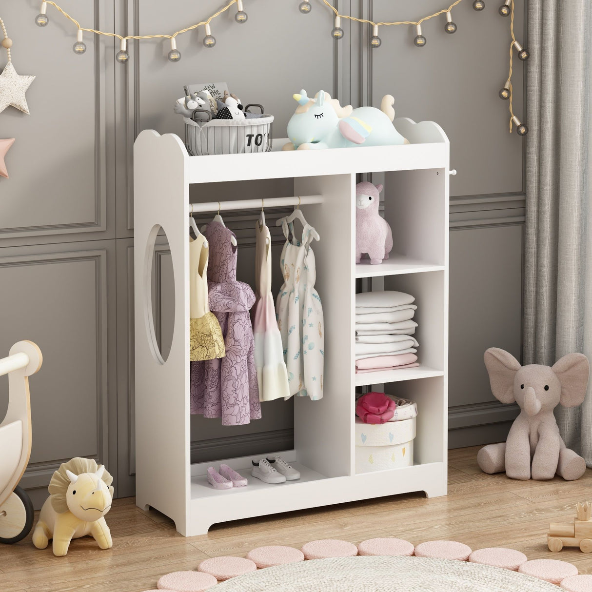 Dress Up Storage With Mirror And Hooks, Clothes Rack With Hanging Rod, 3 Side Hooks, Open Shelves, Top Shelf Organizer - White