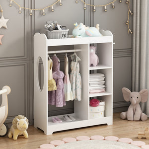 Dress Up Storage With Mirror And Hooks, Clothes Rack With Hanging Rod, 3 Side Hooks, Open Shelves, Top Shelf Organizer - White