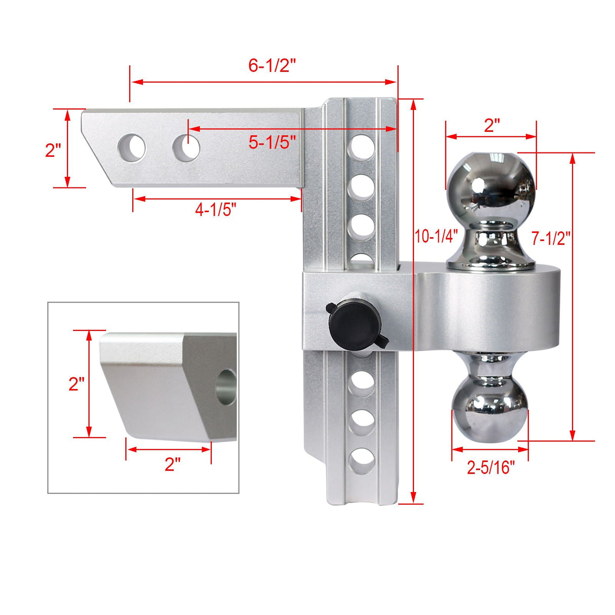 Alu - Adjustable Trailer Drop Hitch 2" Receiver 8" Adjustable - Silver