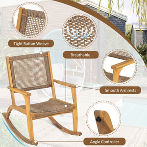 GO 2 Pieces Patio Rocking Chair Set, Acacia Wood Outdoor Rockers with Wicker Rattan Seat & Backrest, Comfortable Garden Porch Chairs for Backyard, Balcony, and Poolside, Natural