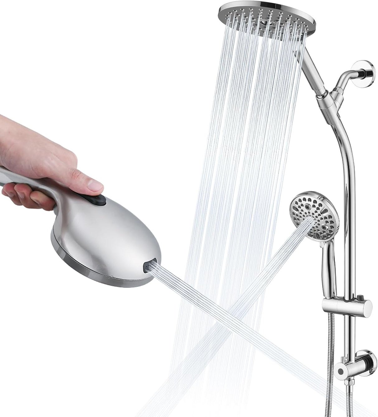 High Pressure Dual Shower Head Set - 26 Inch Tool-Free Adjustable Slide Bar,10 Spray Settings and Handheld.