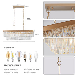 Chandeliers,Rectangular Crystal Chandelier Adjustable,E12 Modern Industrial Crystal Lights,Farmhouse Iron Ceiling Hanging Light for Kitchen Living Room Bedroom/Gold(Bulb Not Included)