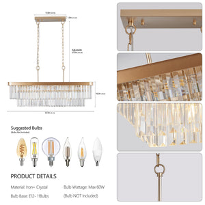 Chandeliers,Rectangular Crystal Chandelier Adjustable,E12 Modern Industrial Crystal Lights,Farmhouse Iron Ceiling Hanging Light for Kitchen Living Room Bedroom/Gold(Bulb Not Included)