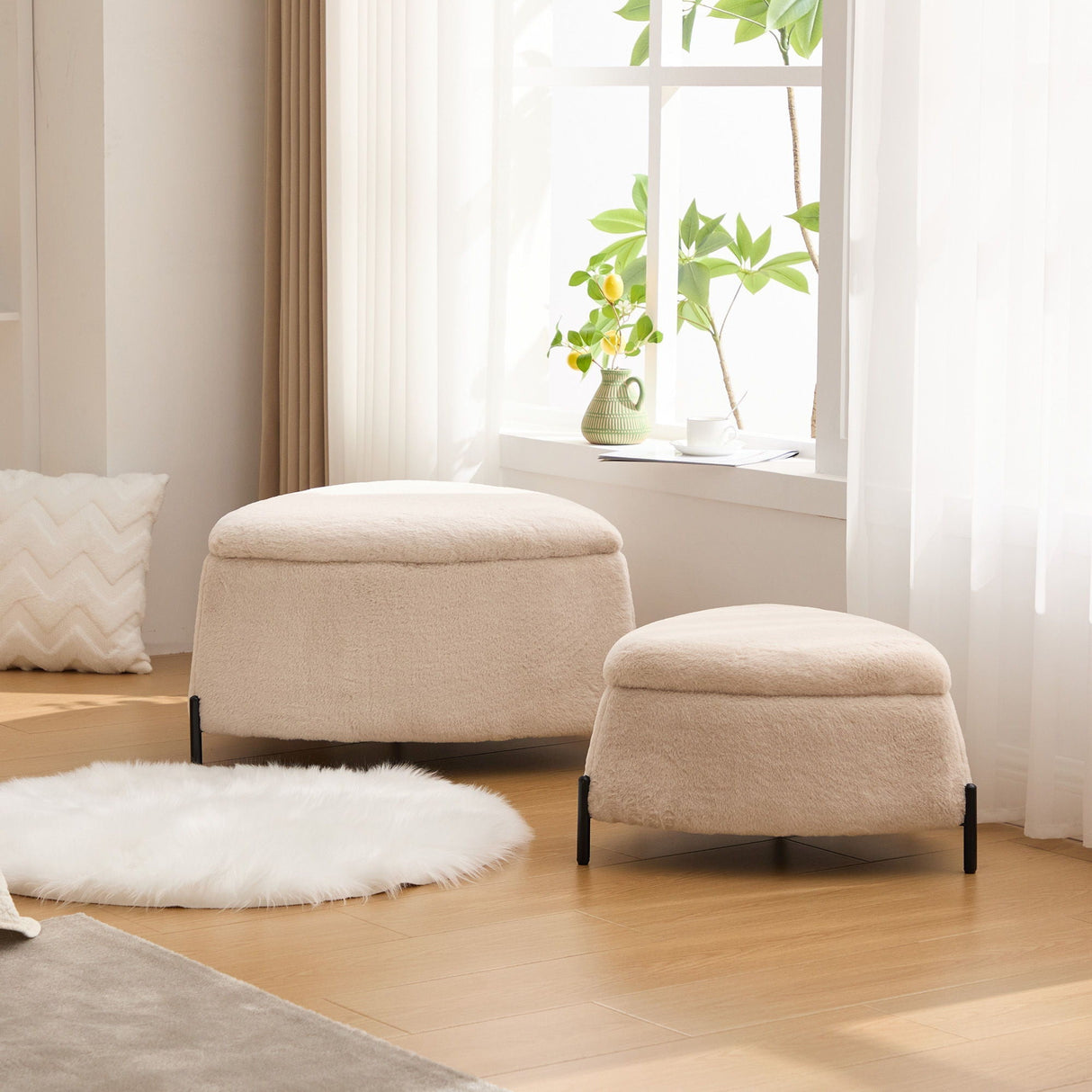 Upholstered Storage Ottoman Set With Reversible Lid