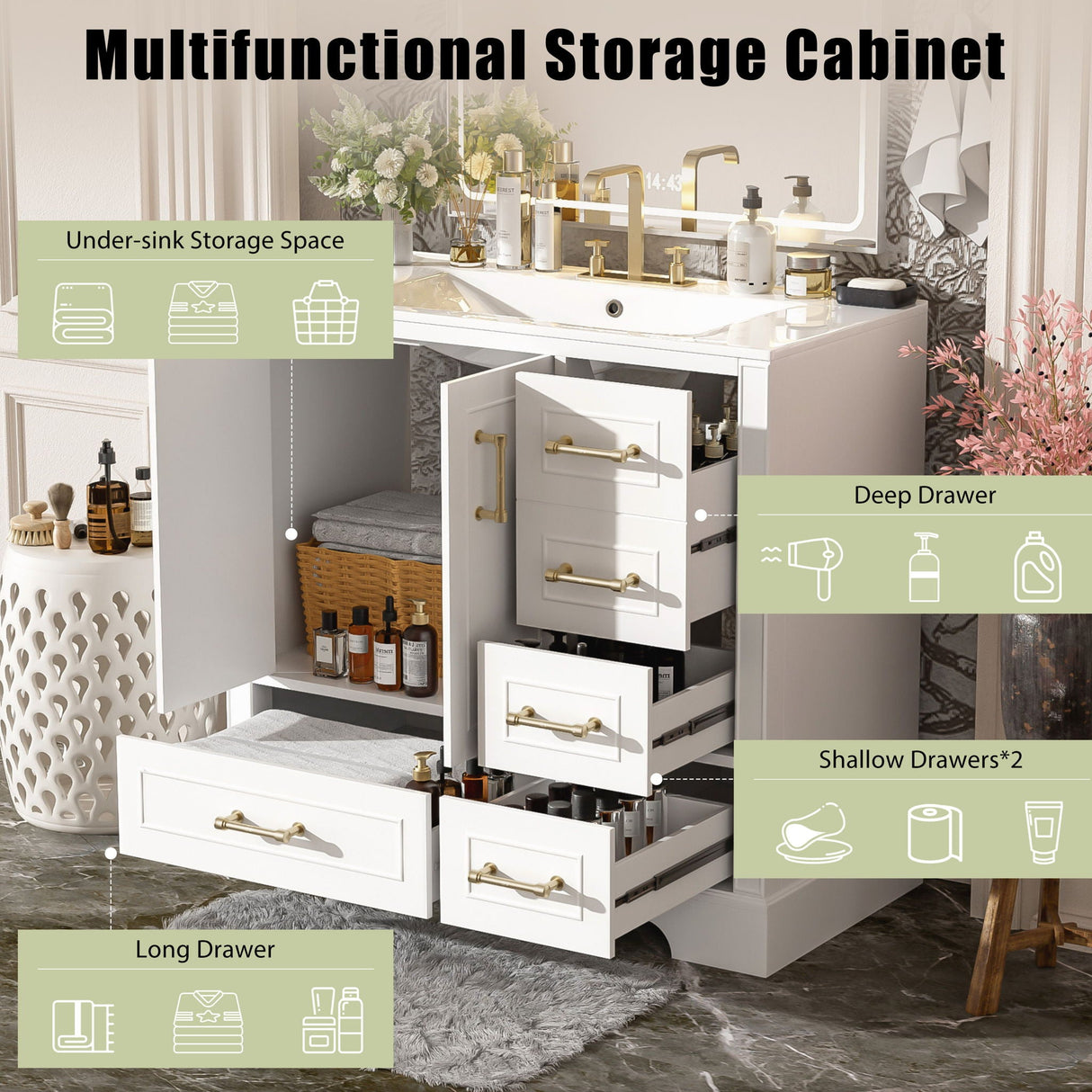 Traditional Bathroom Vanity With Soft Close Doors And Drawers