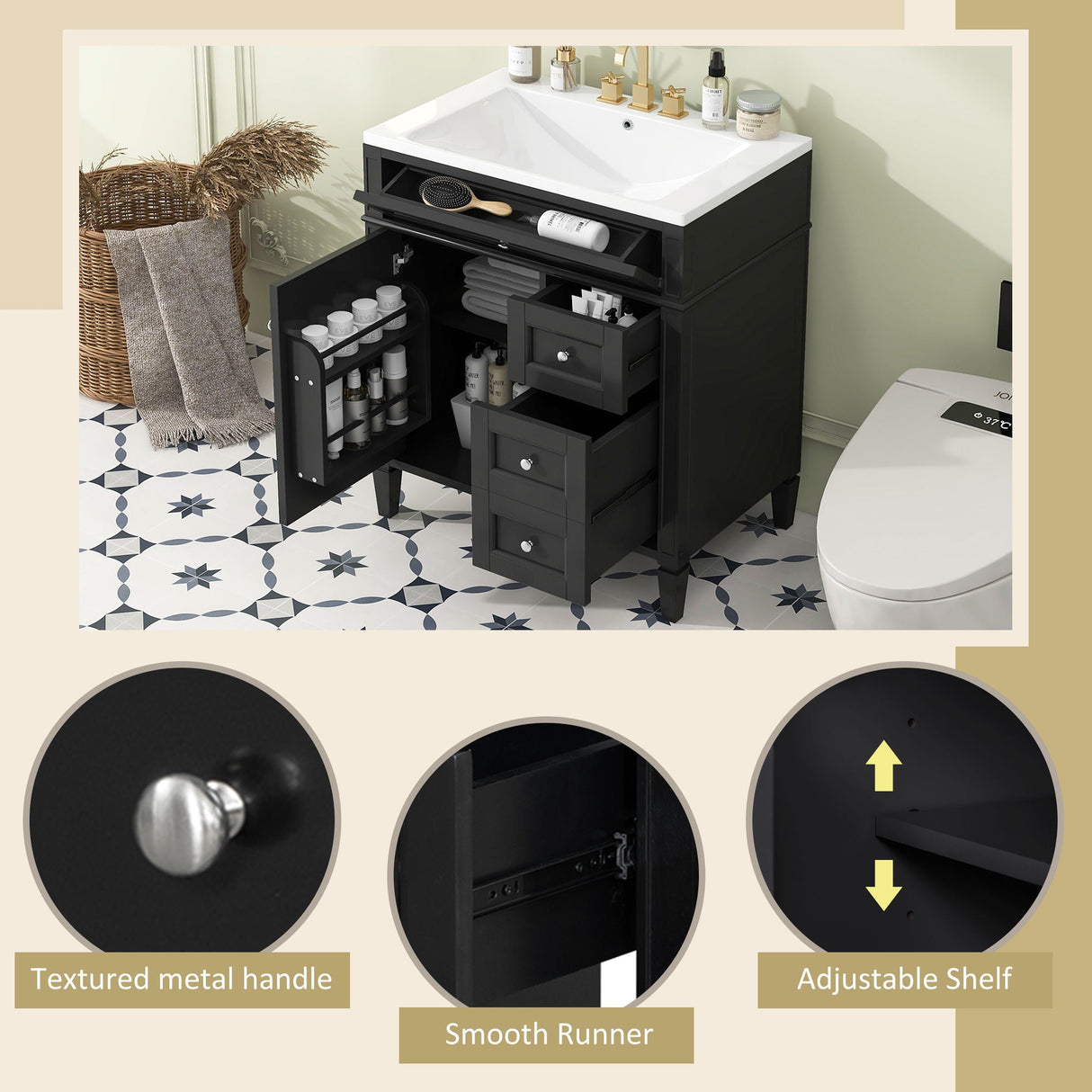 Bathroom Vanity With Top Sink, Storage Cabinet, 2 Drawers, Tip Out Drawer