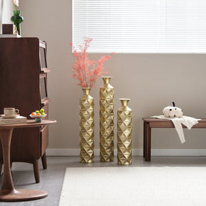 Metal Decorative Vase High Distress Metal Center Vase With 3D Triangle Pattern, (Set of 3) Vases For Home Decoration - Gold