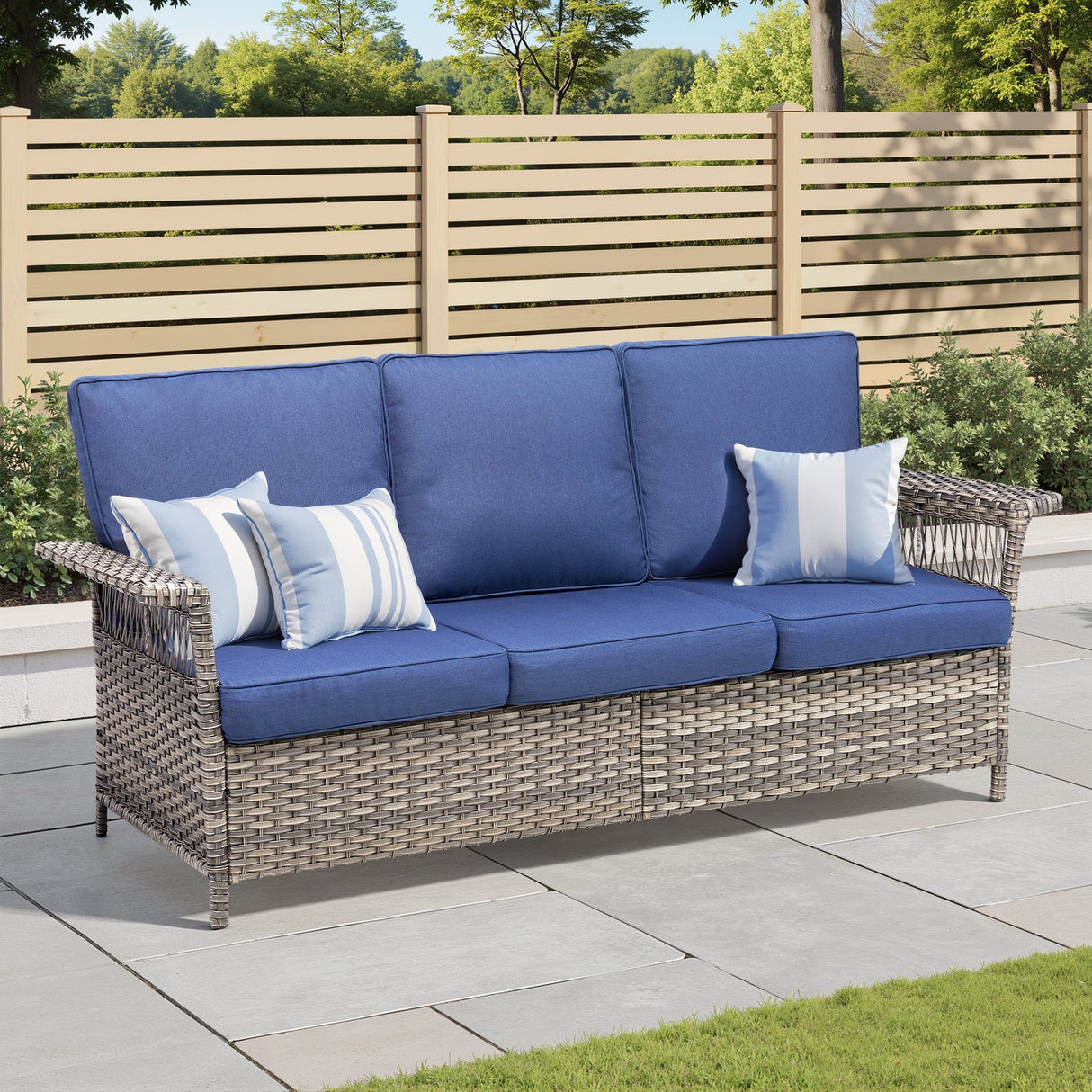 76.7" Wide Outdoor Wicker Patio Sofa with Armrests