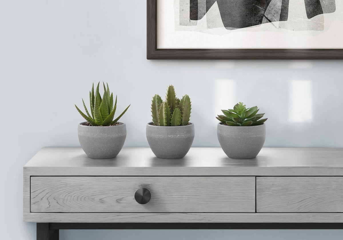 6" Tall, Artificial Plant, Succulent, Indoor, Faux, Fake, Table, Greenery, Potted, Decorative (Set of 3) - Green / Gray