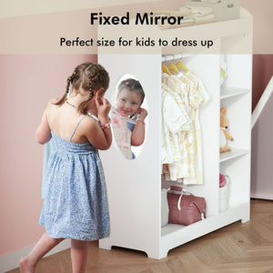 Dress Up Storage With Mirror And Hooks, Clothes Rack With Hanging Rod, 3 Side Hooks, Open Shelves, Top Shelf Organizer - White