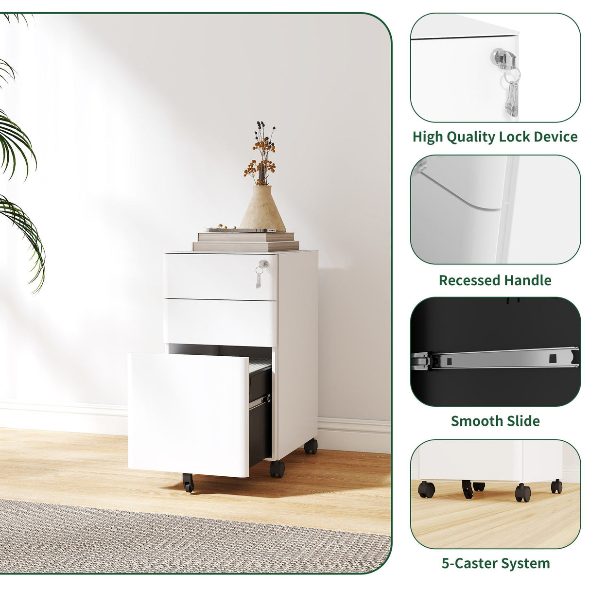 3-Drawer Mobile File Cabinet With Lock, On Wheels, Two Shallow & One Deep Drawer For Office/Home, Fully Assembled - White