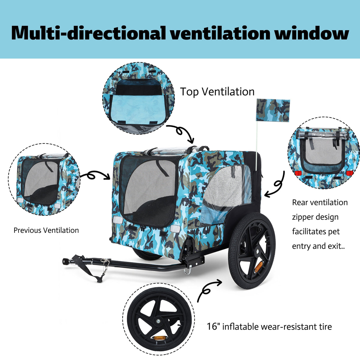 Outdoor Heavy Duty Collapsible Pet Bike Trailer with 16-Inch Wheels