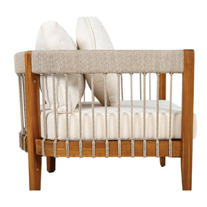 Acacia Wood Outdoor Club Chair with Handwoven Rope Accents and Curved Backrest