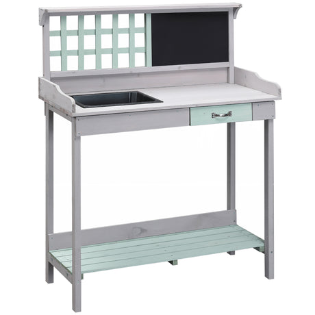 Outdoor Wooden Potting Bench Table with Removable Sink,  with Chalkboard, Drawer, Open Shelf Storage, Light Gray