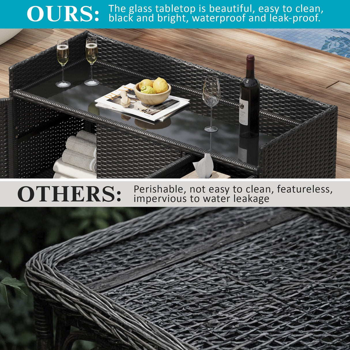 K&K 47.5"W Wicker Outdoor Storage Cabinet with Tempered Glass Desktop