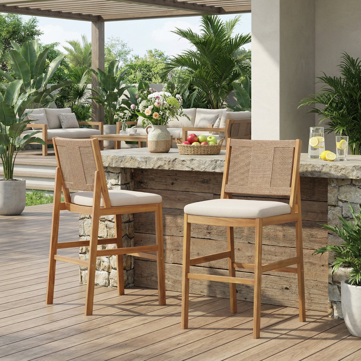 Outdoor Acacia Wood Bar Stools (Set of 2)