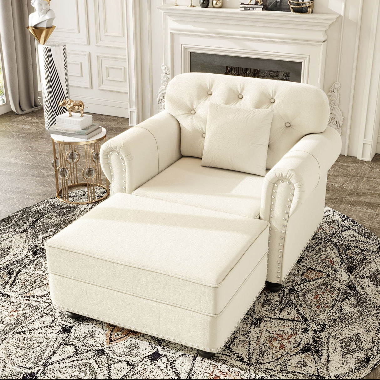Upholstered Sofa With Nailhead Trim And Rolled Armrests, 1 Pillow - Beige / White