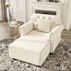 Upholstered Sofa With Nailhead Trim And Rolled Armrests, 1 Pillow - Beige / White