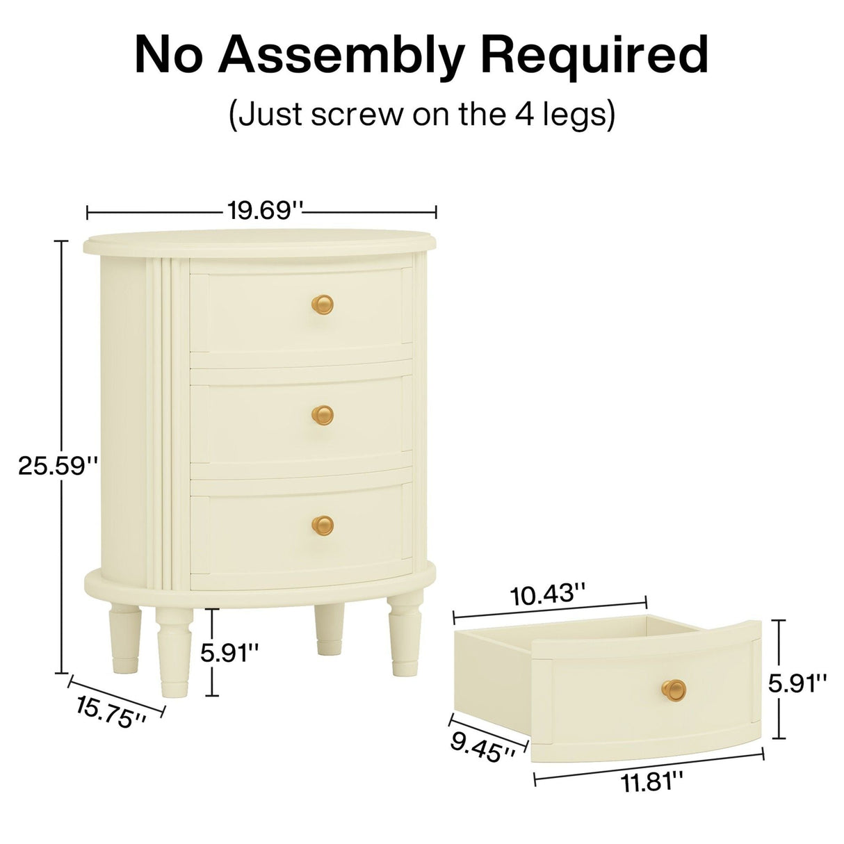 Oval Nightstand With 3 Drawers, Bedside Table - White