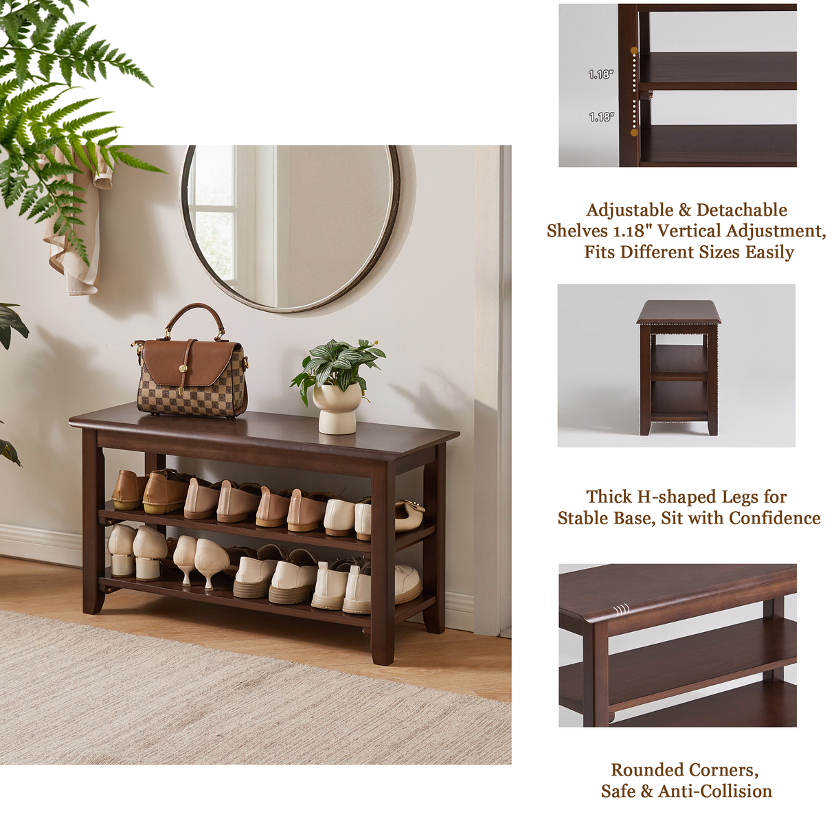 2-Tier Solid Wood Shoe Bench