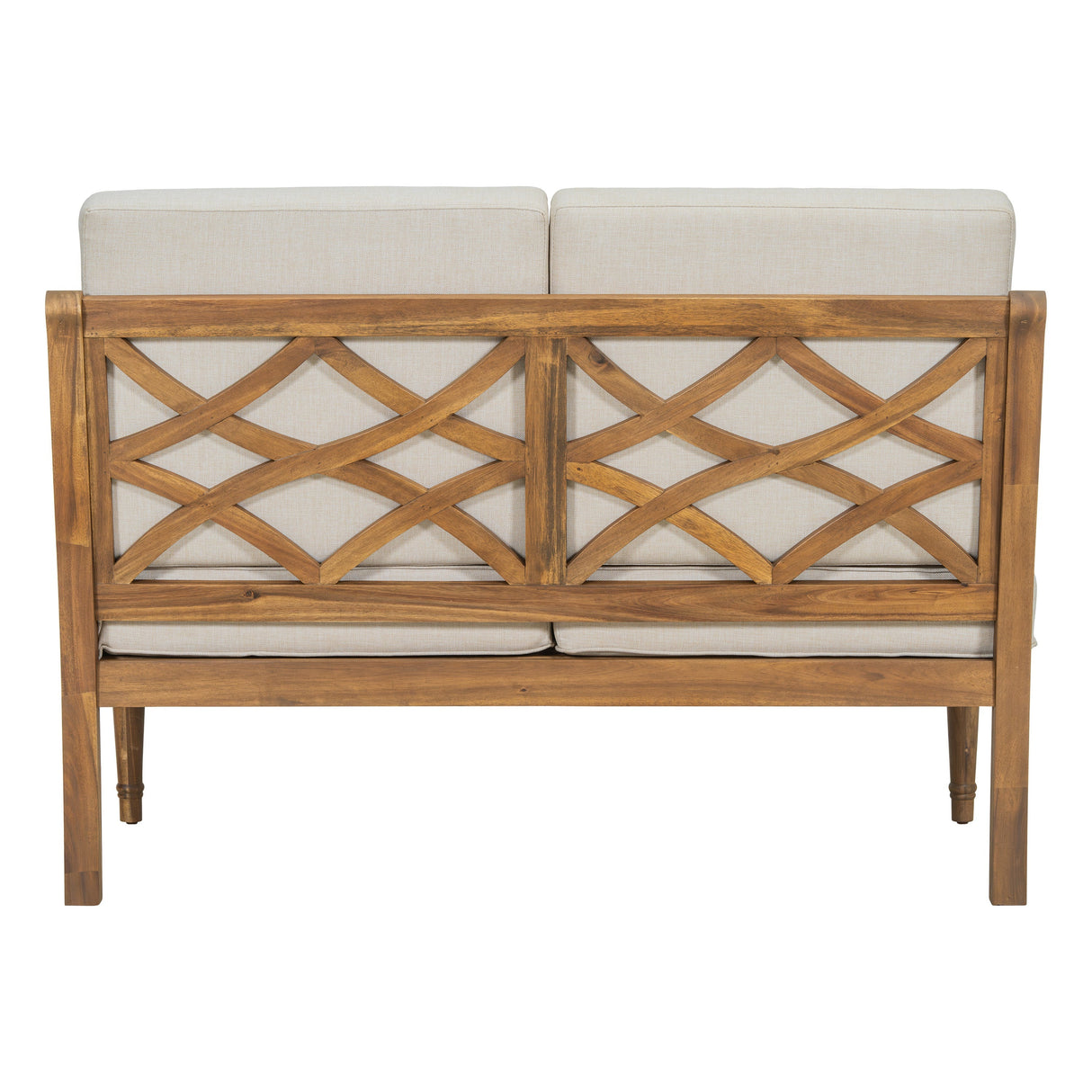 Outdoor Acacia Wood Loveseat with Cushions, Natural Finish with Beige Fabric