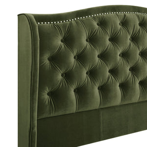 Marcella Upholstered Shelter Headboard Bed Set, Queen, Olive Green Performance Velvet