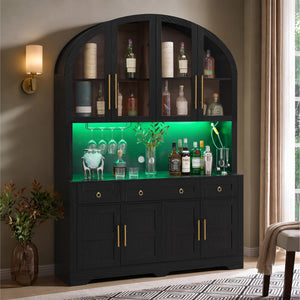 K&K 75.8" Tall Arched Kitchen Pantry Cabinet with LED & Charging Station