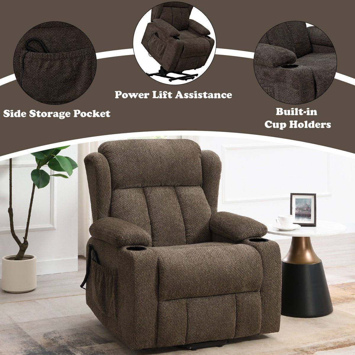 Lusio - Power Motion Recliner With Lift & Cup Holder - Brown