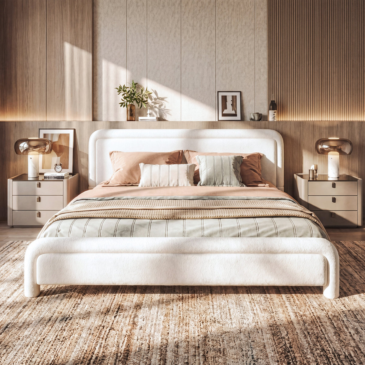 King Size Upholstered Platform Bed Frame with Curved Headboard