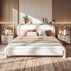 King Size Upholstered Platform Bed Frame with Curved Headboard