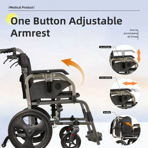 Lightweight Foldable Transport Wheelchair For Adults, Square Tube Design