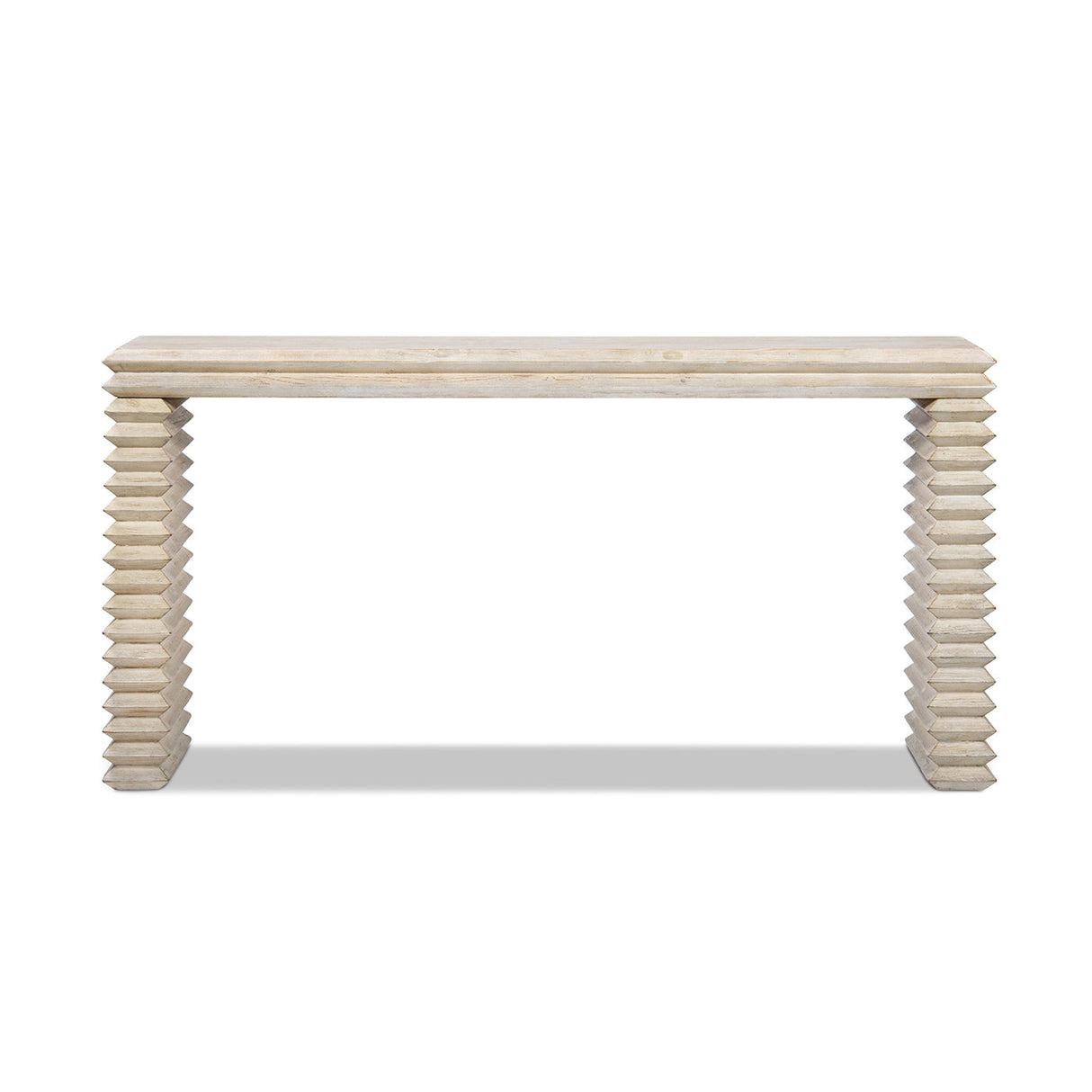 Veda 63' Reclaimed Wood Stacked Geometric Waterfall Console Table, Whitewashed Natural Reclaimed Pine Wood