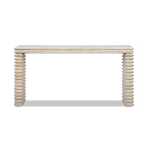 Veda 63' Reclaimed Wood Stacked Geometric Waterfall Console Table, Whitewashed Natural Reclaimed Pine Wood