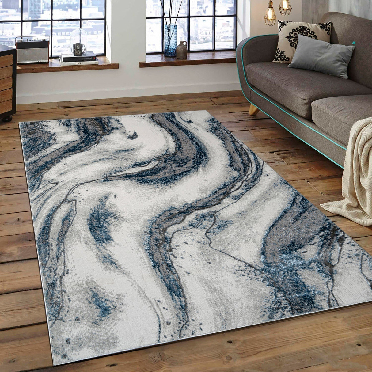 'Ziv' Luxury Area Rug in Blue and Grey Abstract Design