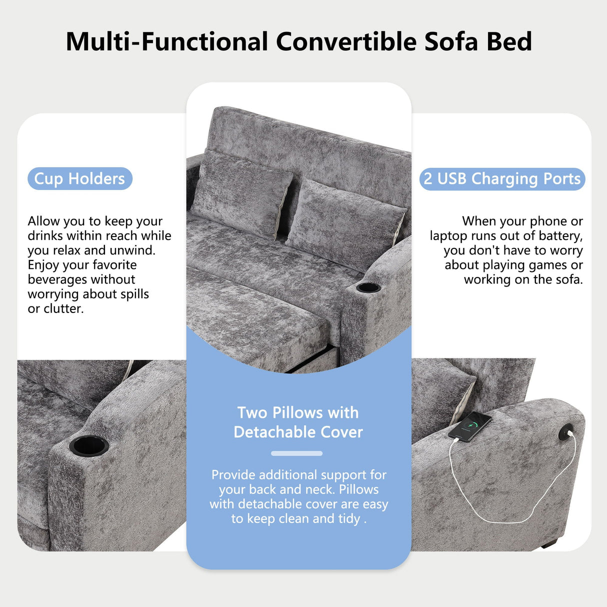 Pull Out Loveseat Sofa With Adjsutable Backrest, 2 Pillows, Cup Holders, USB Ports For Living Room