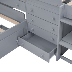 Loft Platform Bed With 7 Drawers And Full Guardrails, Modern L Shaped Space Savin