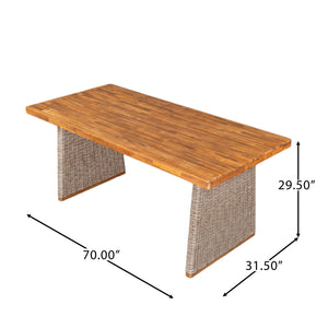 Outdoor 6 Pieces Acacia Wood Dining Set with Handwoven Rattan Legs, Brown Wicker