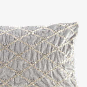Silver Oblong Velvet Throw Pillow with Hand-Beaded Details - 22x15