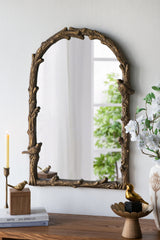 24x1.5x34'-Arched-Magnesian-Wall-Mirror-with-Gold-Botanical-and-Bird-Motifs-Mirrors