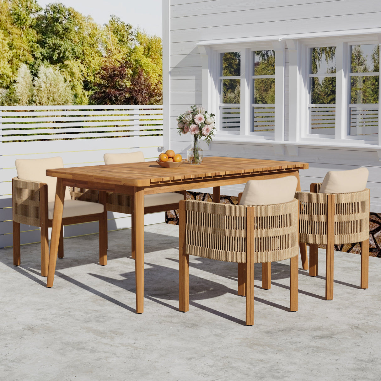 Outdoor Dining Set with Acacia Wood Table and 4 Chairs - Beige