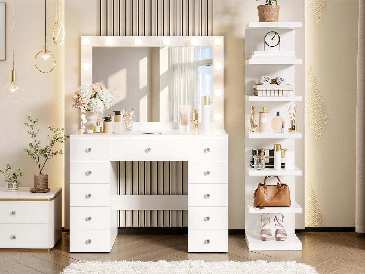 Vanity Desk with 11 Hollywood Bulbs & 7-Tier Storage Shelves