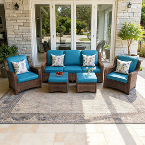 Patio Furniture Set Rattan Outdoor Sectional Conversation Sets 5-Piece Peacock Blue